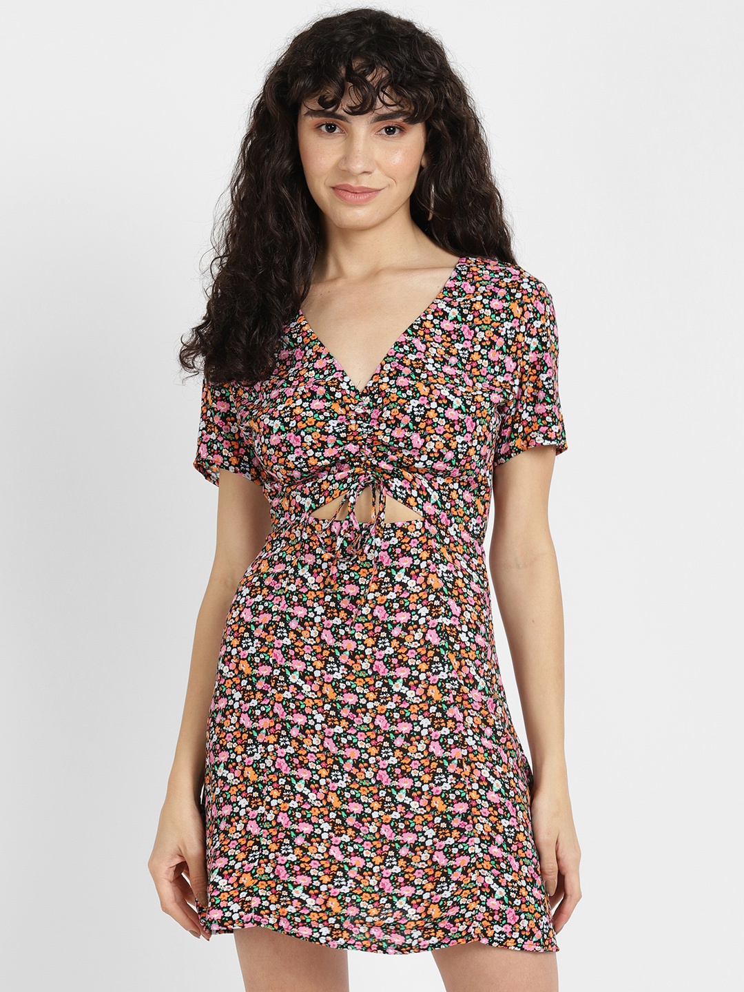 

ALCOTT Floral Print Mini A-Line Dress with Cut Out Detail, Black
