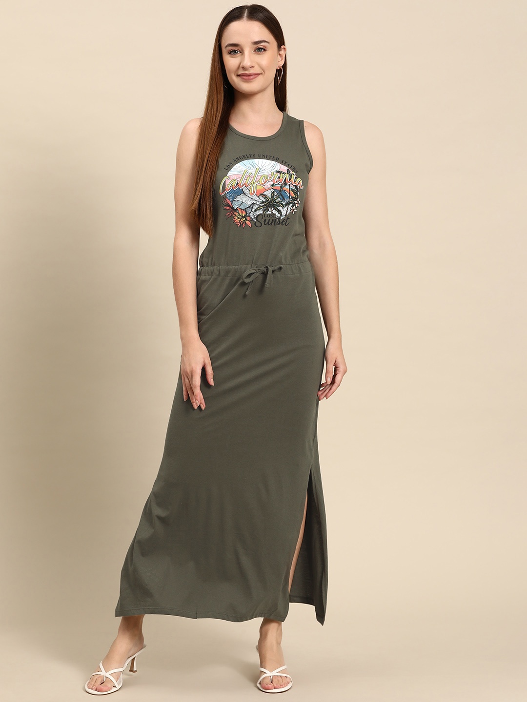 

ALCOTT Pure Cotton Printed Waist-Tie Ups Side Slits Maxi Dress, Olive