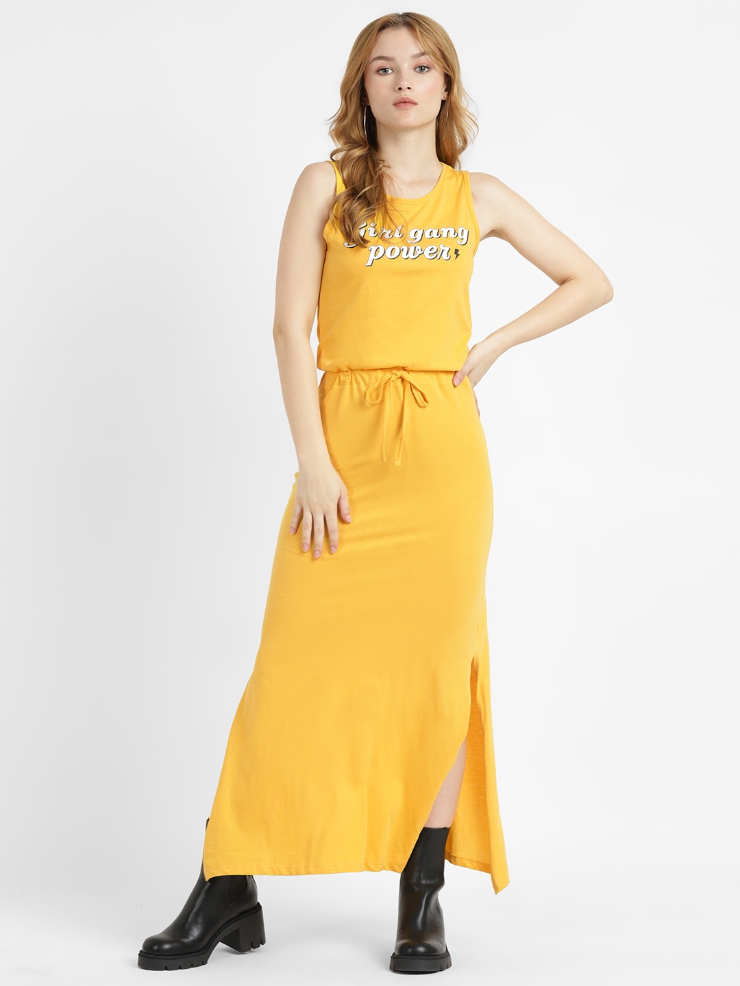 ALCOTT Pure Cotton Typography Print Maxi Blouson Dress, Yellow