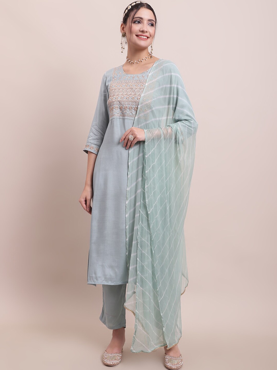 

Sangria Blue Embroidered Yoke Design Kurta With Trouser & Dupatta