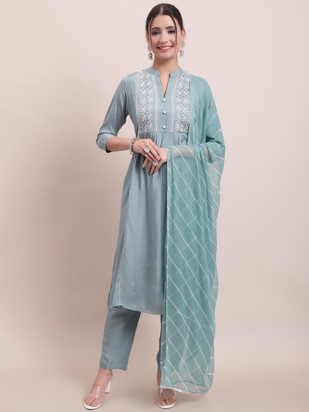 

Sangria Green Embroidered Yoke Design Kurta With Trouser & Dupatta