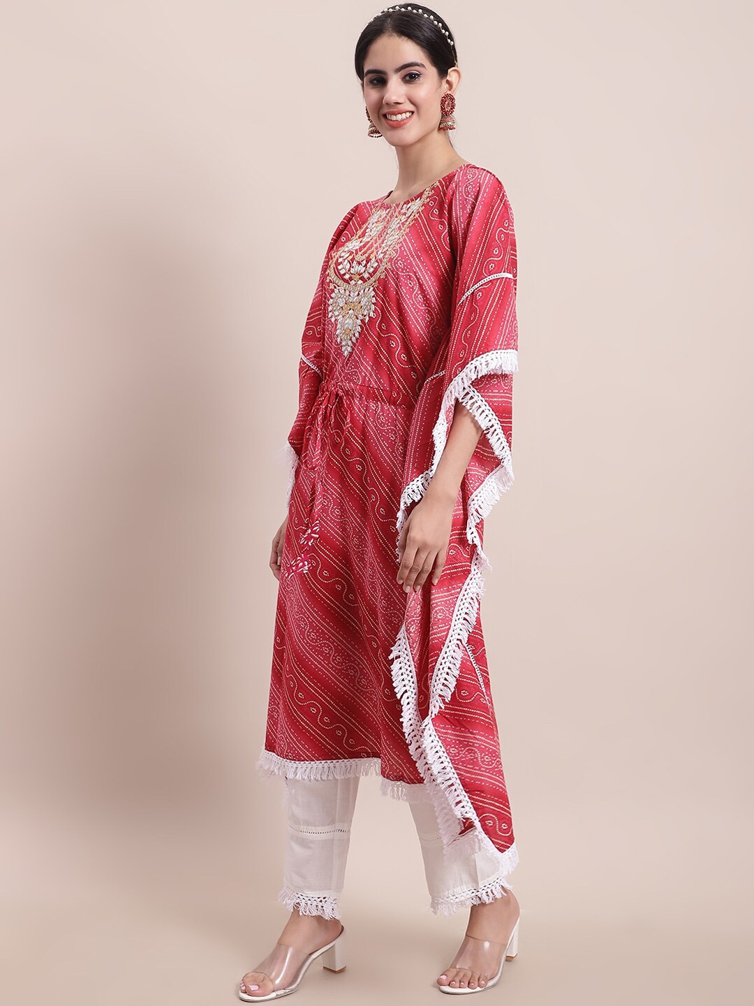 

Sangria Printed Embroidered Flared Sleeves Pure Cotton Kaftan Kurta & Trouser, Red