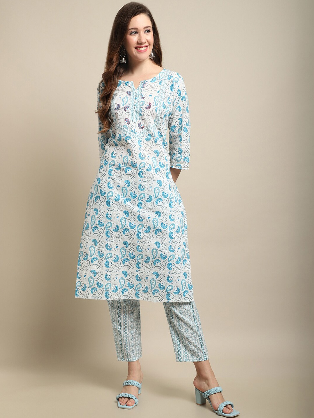 

Sangria Floral Printed Thread Work Pure Cotton Kurta With Trousers & Dupatta, White