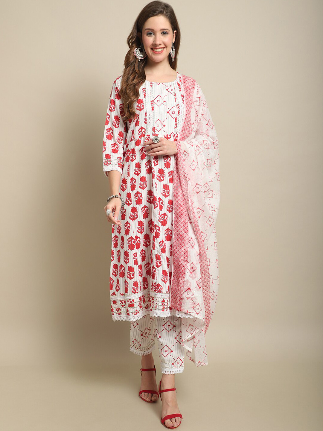 

Sangria Floral Printed Gotta Patti Work A-Line Kurta With Trousers & Dupatta, White