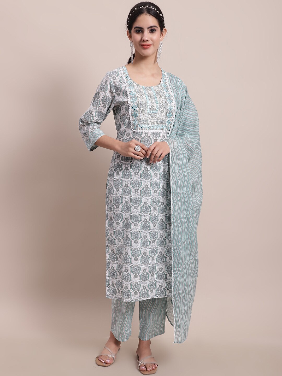 

Sangria Blue Ethnic Motifs Printed Pure Cotton Straight Kurta With Trousers & With Dupatta