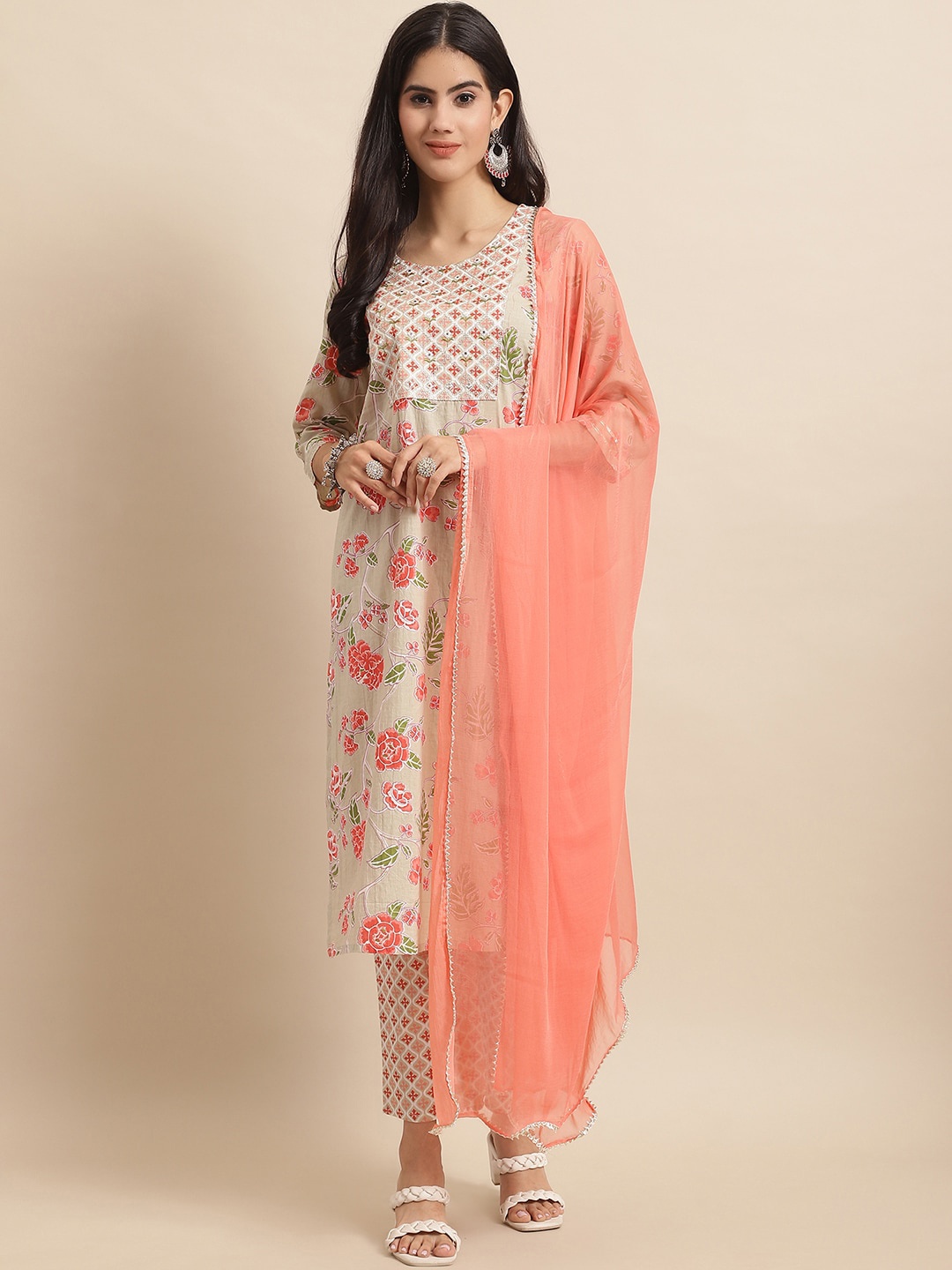

Sangria Orange & White Floral Printed Straight Kurta & Trouser With Dupatta, Beige