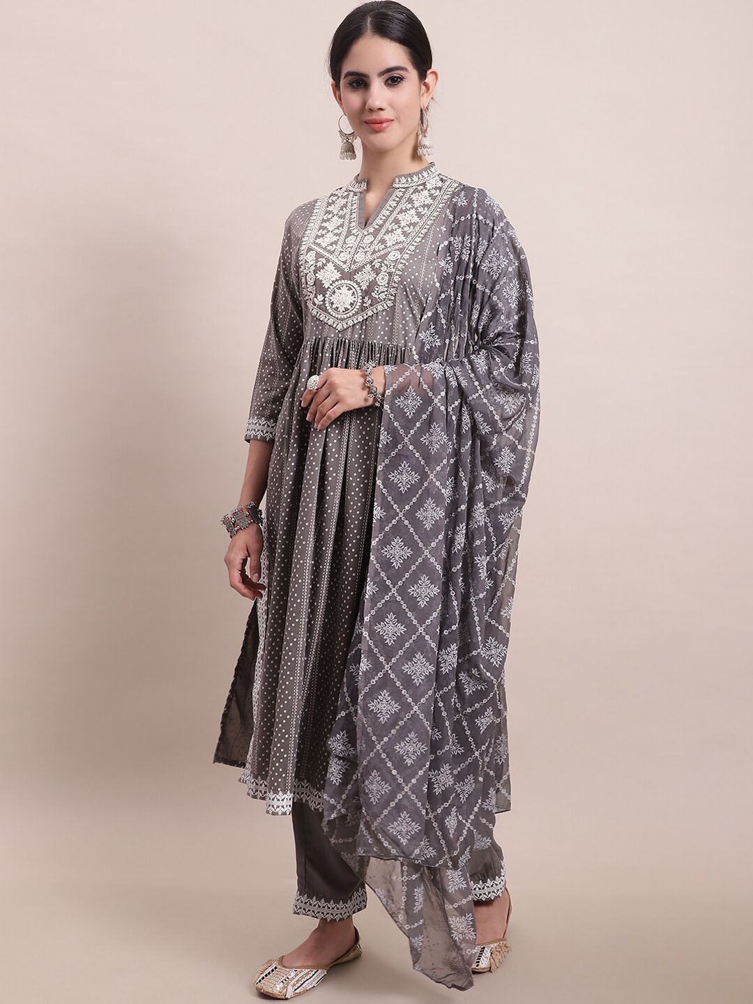 

Sangria Grey Yoke-Embroidered A-Line Kurta & Trouser With Dupatta