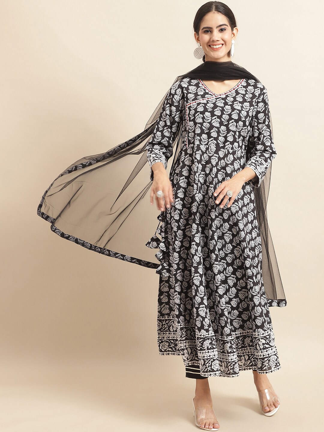 

Sangria Black Embroidered Angrakha A-line Kurta With Trousers & Dupatta