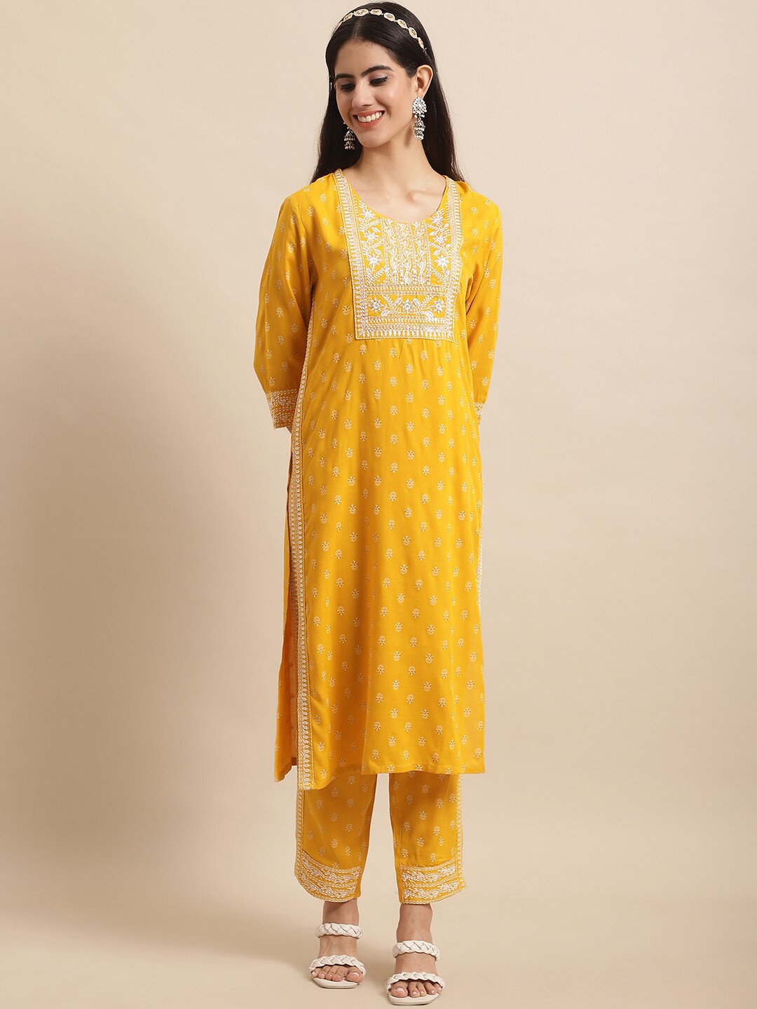 

Sangria Ethnic Motifs Printed Straight Kurta & Trouser With Dupatta, Yellow