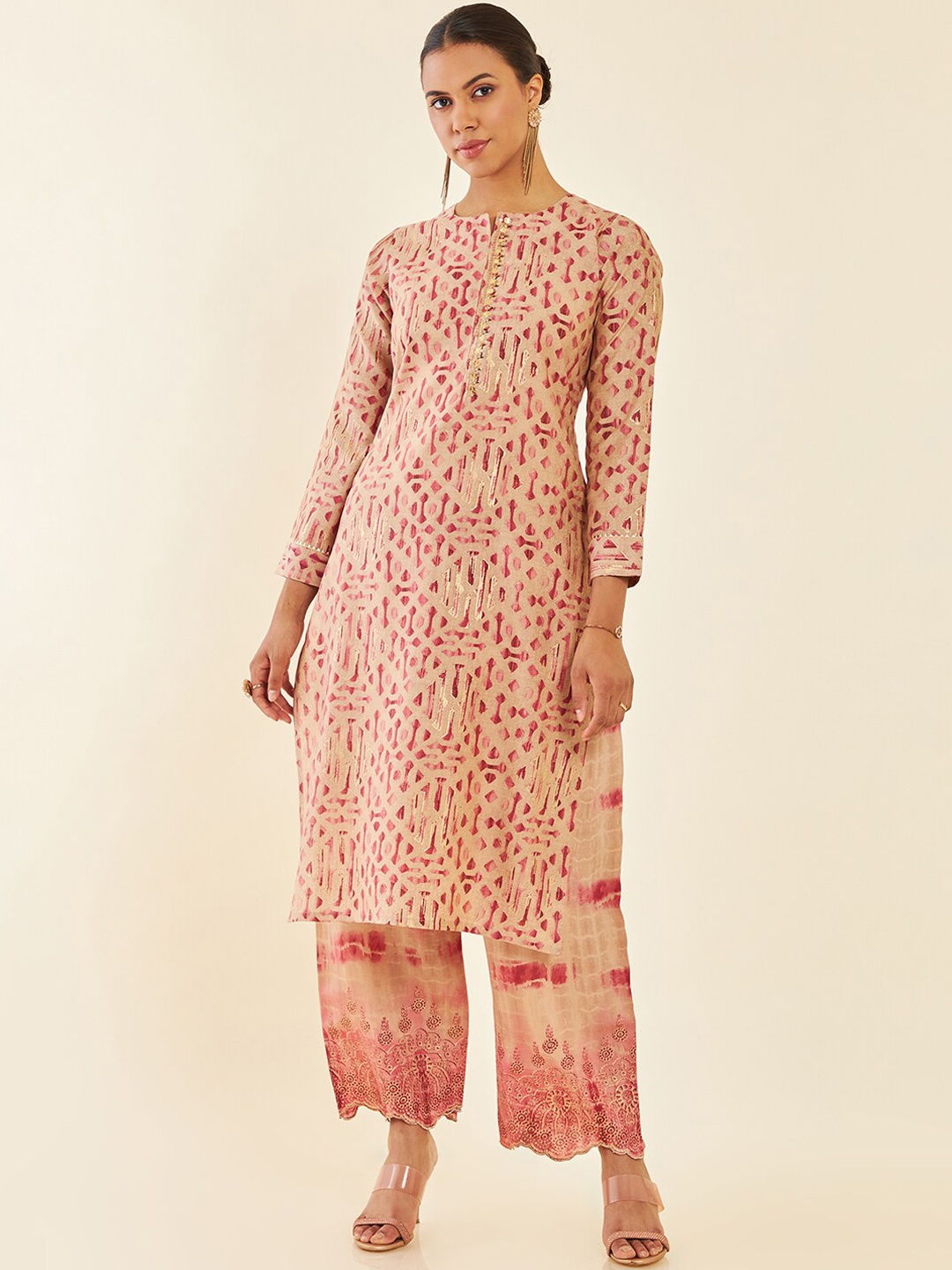 

Soch Printed Sequinned Straight Kurta With Palazzo, Beige