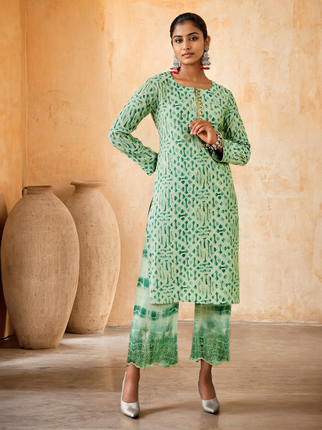 

Soch Printed Sequinned Straight Kurta With Palazzos, Green
