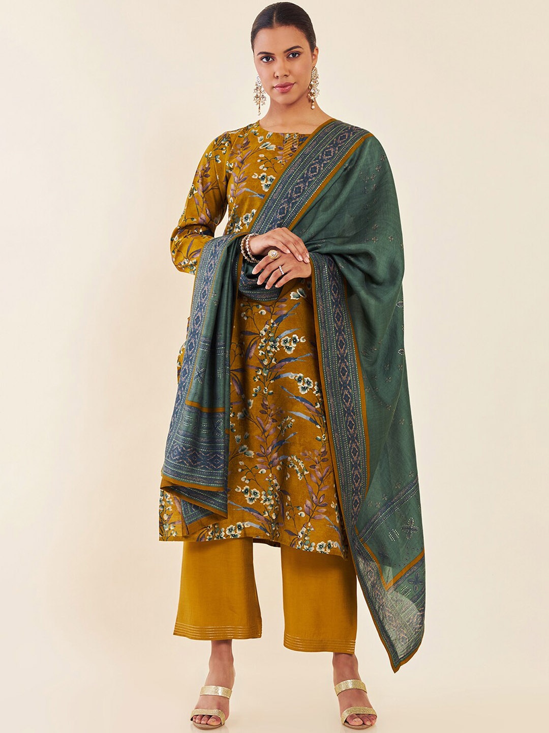 

Soch Floral Printed Kurta & Palazzos With Dupatta, Olive