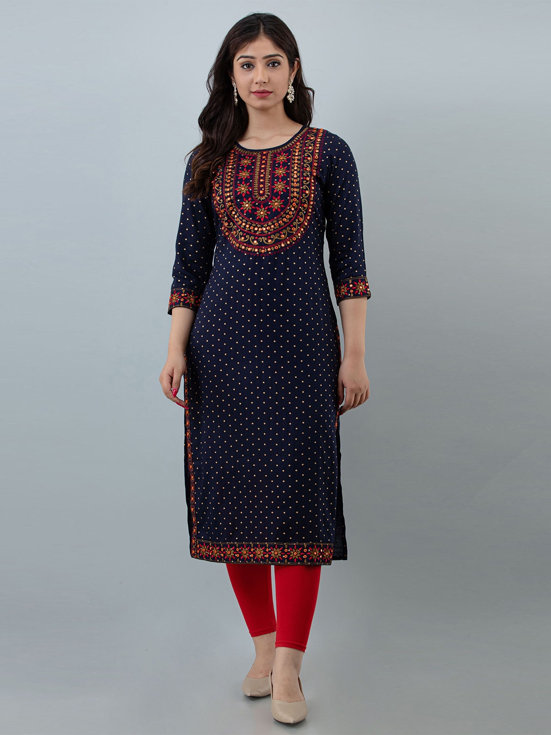 

KALINI Ethnic Motifs Printed Thread Work Kurta, Blue