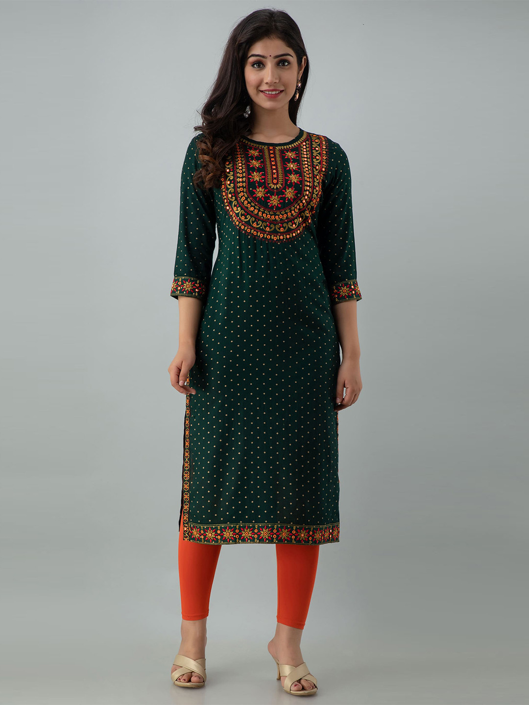 

KALINI Ethnic Motifs Thread Work Straight Kurta, Green