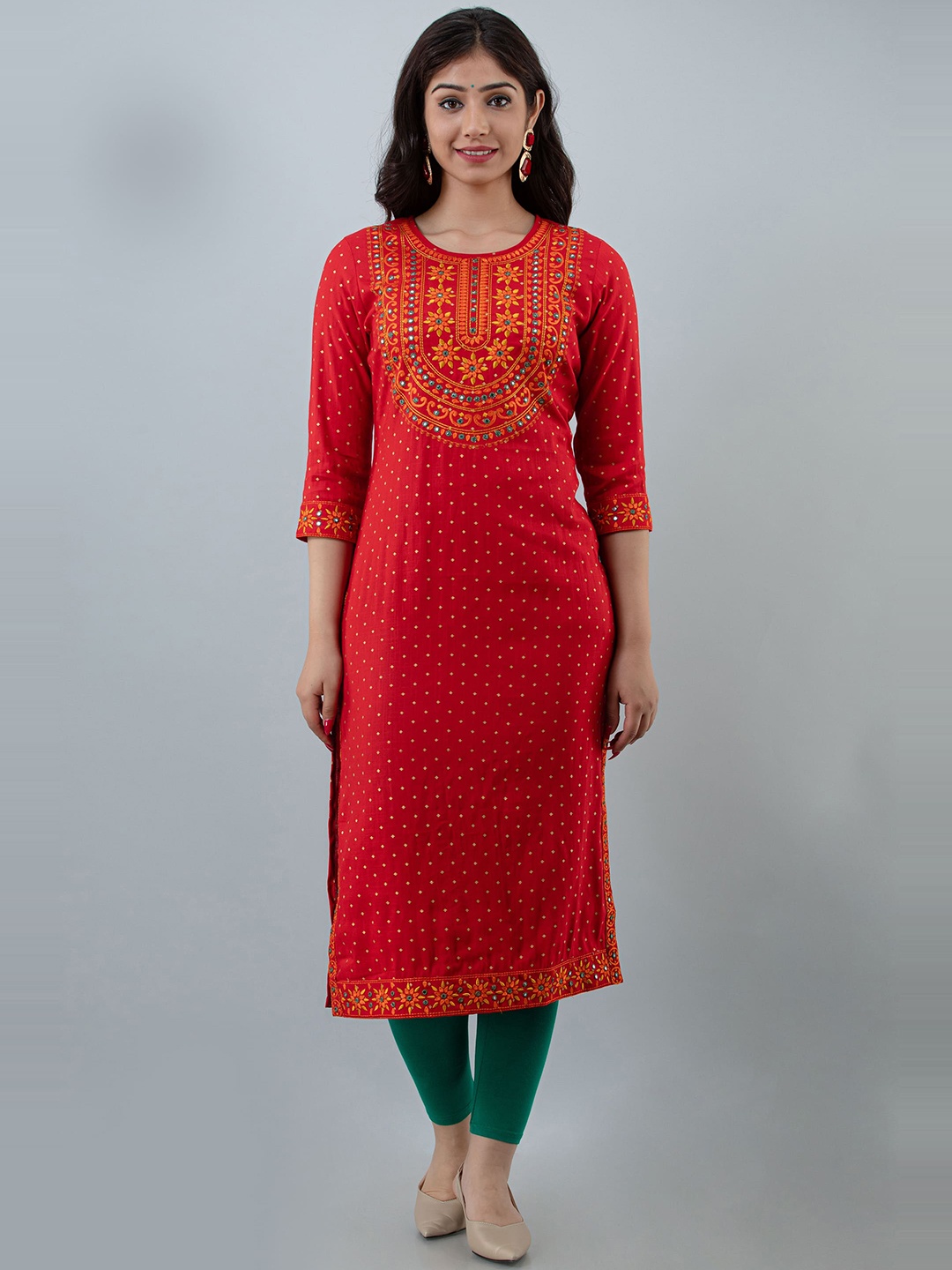 

KALINI Ethnic Motifs Printed Thread Work Kurta, Red