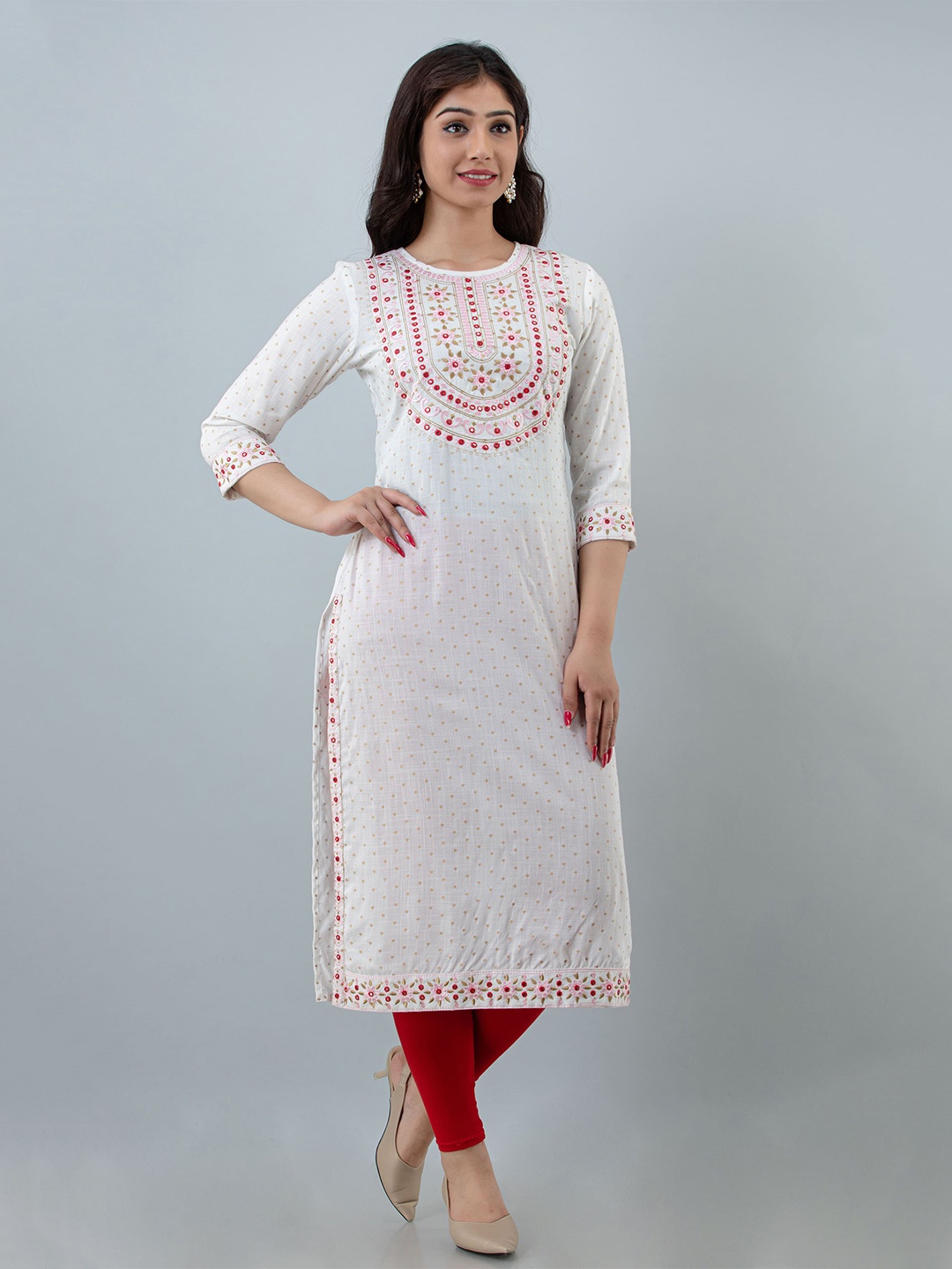 

KALINI Ethnic Embriodered Yoke Design Mirror Work Straight Kurta, White