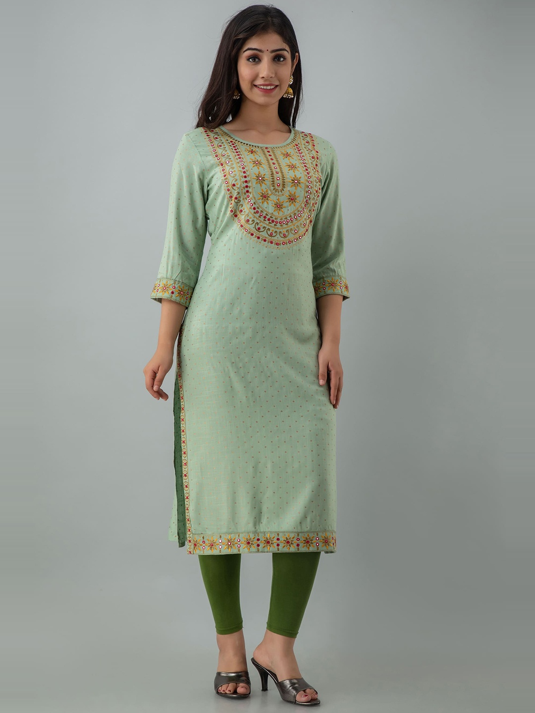 

KALINI Ethnic Motifs Embroidered Mirror Work Straight Kurta, Sea green