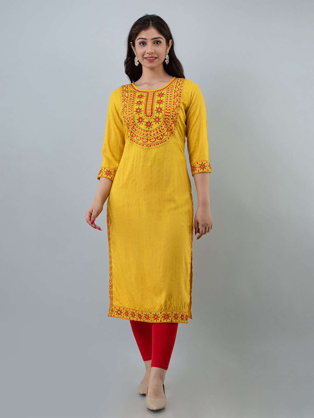 

KALINI Ethnic Embriodered Straight Kurta, Yellow