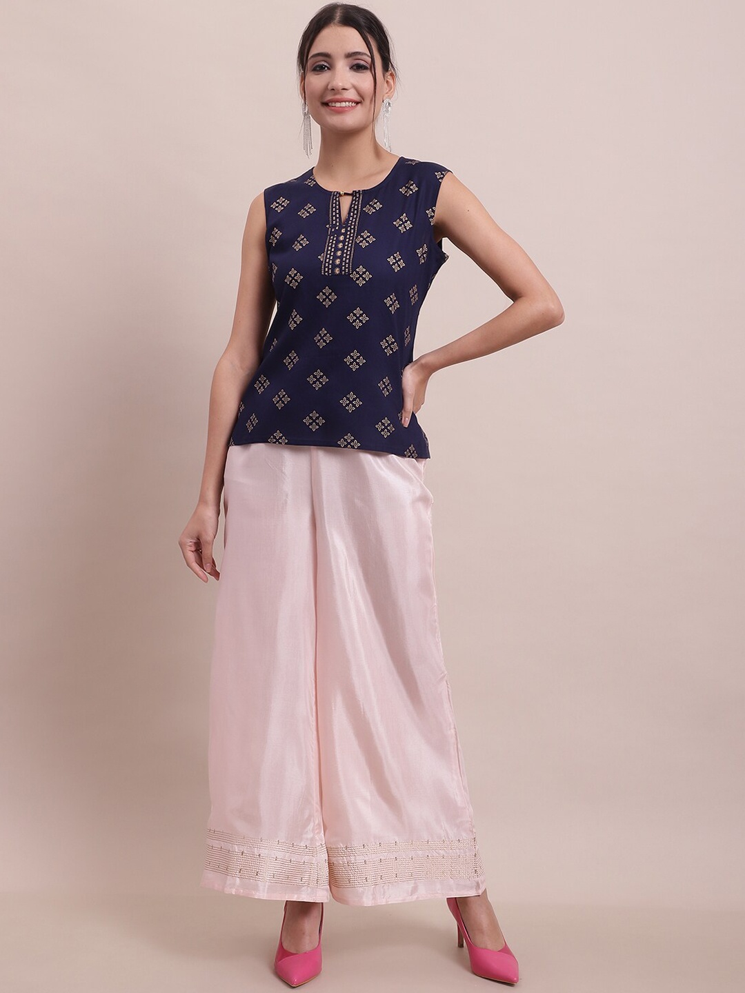 

Sangria Navy Blue & Cream Printed Top With Palazzo