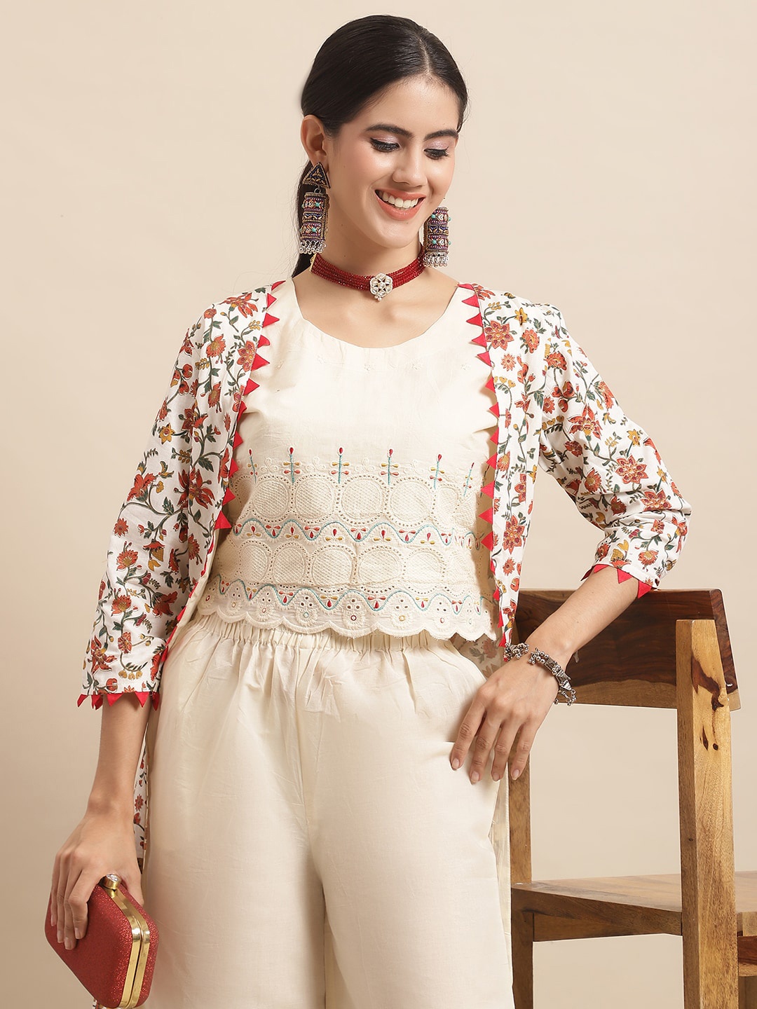 

Sangria Cream & Red Embroidered Top With Palazzo