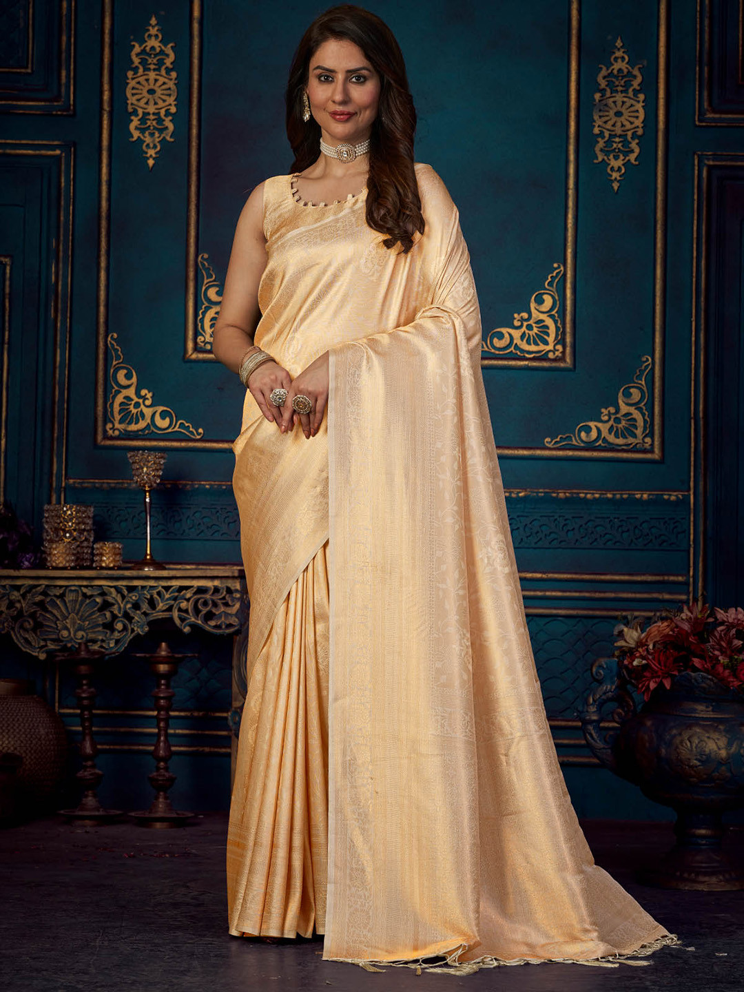 

ODETTE Ethnic Motifs Woven Design Saree, Beige