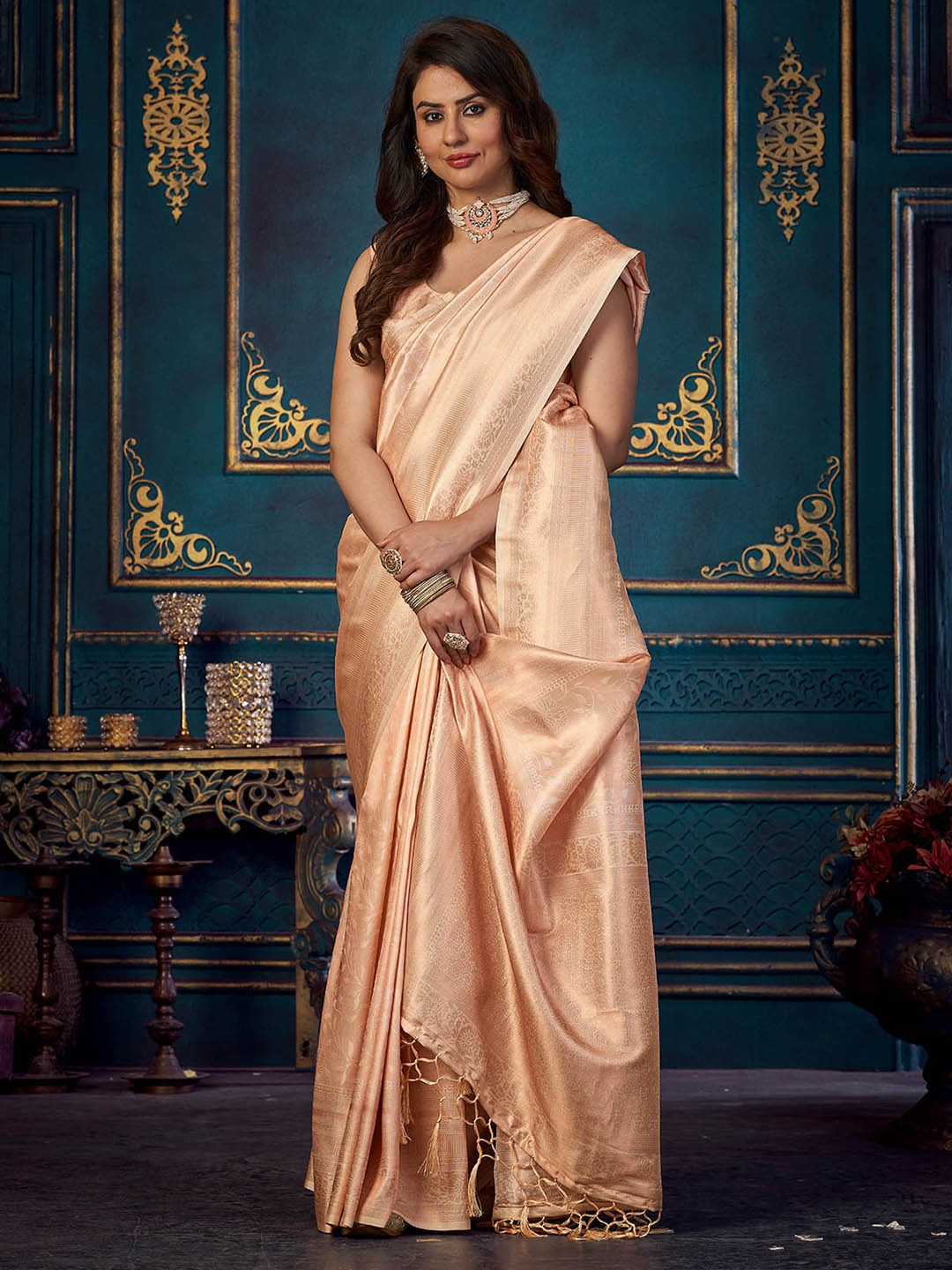 

ODETTE Ethnic Motifs Woven Design Saree, Peach