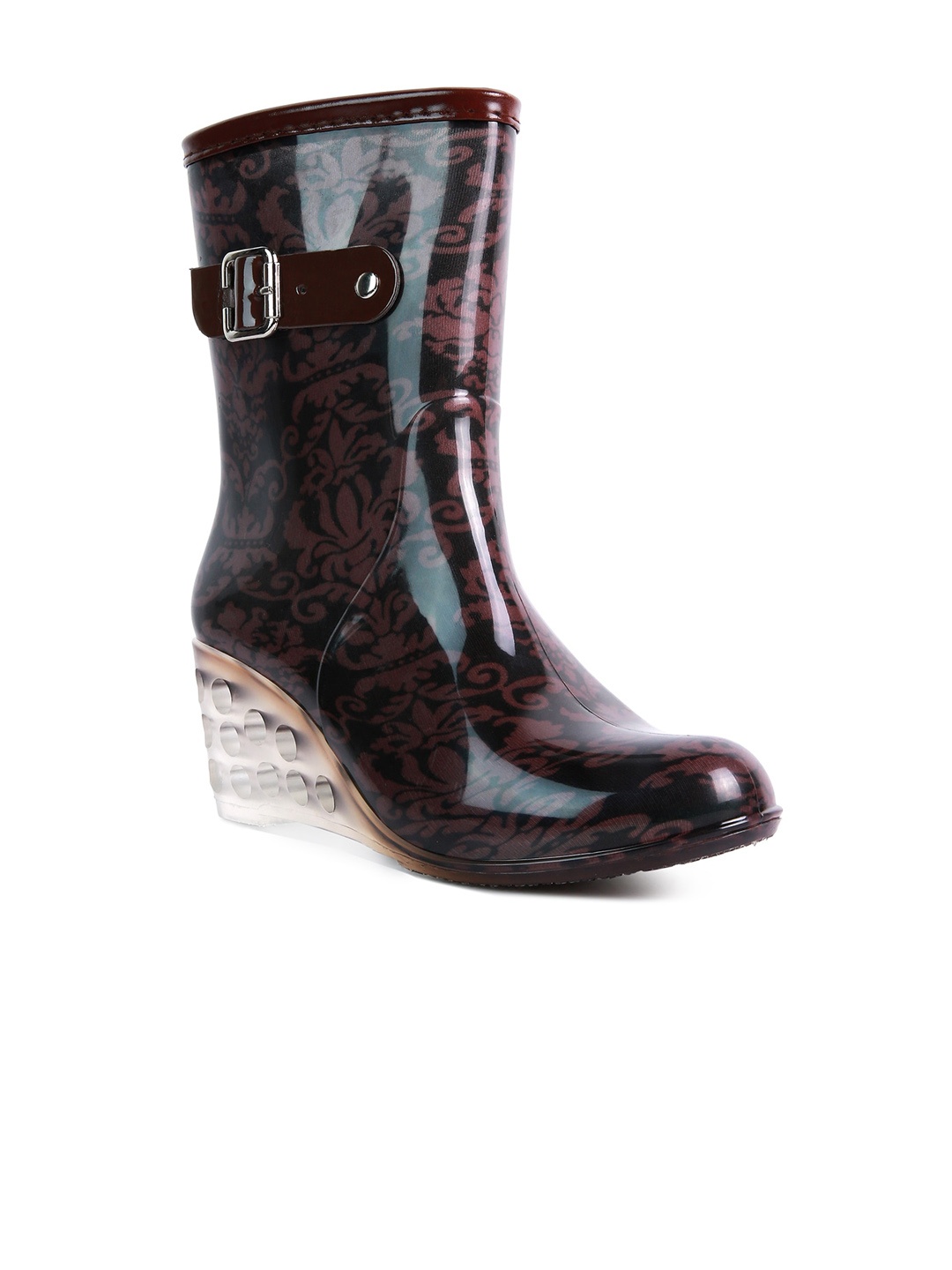 

London Rag Women Printed Wedge Heeled Rain Boots, Brown