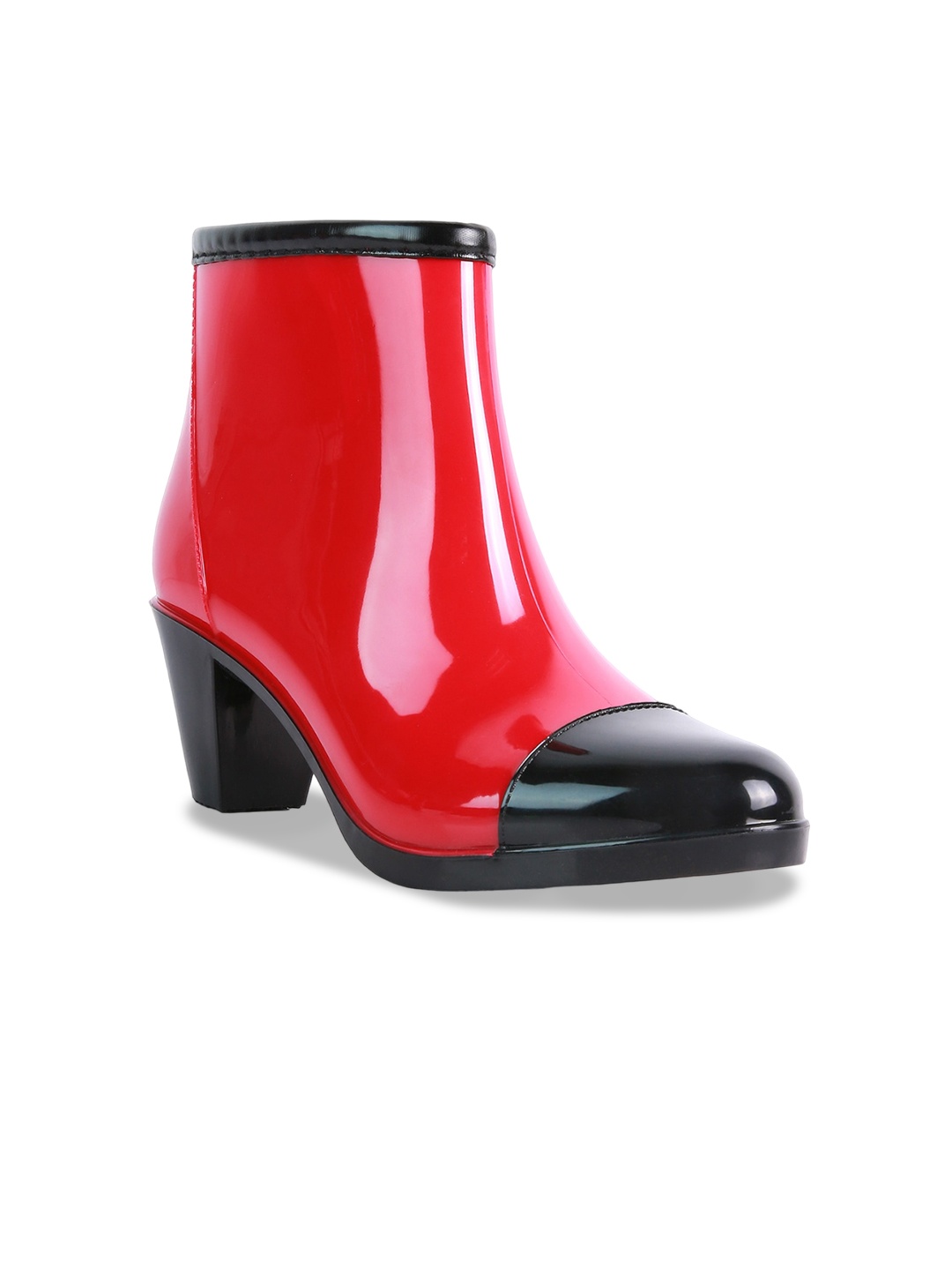 

London Colourblocked Mid Top Block Heels Rain Boots, Red