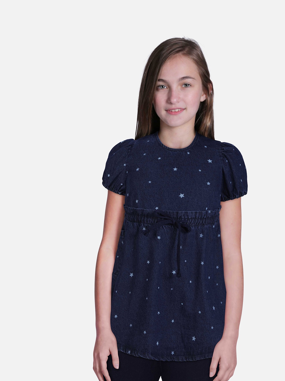 

Gini and Jony Polka Dots Printed Puff Sleeve Denim Fit & Flare Dress, Navy blue