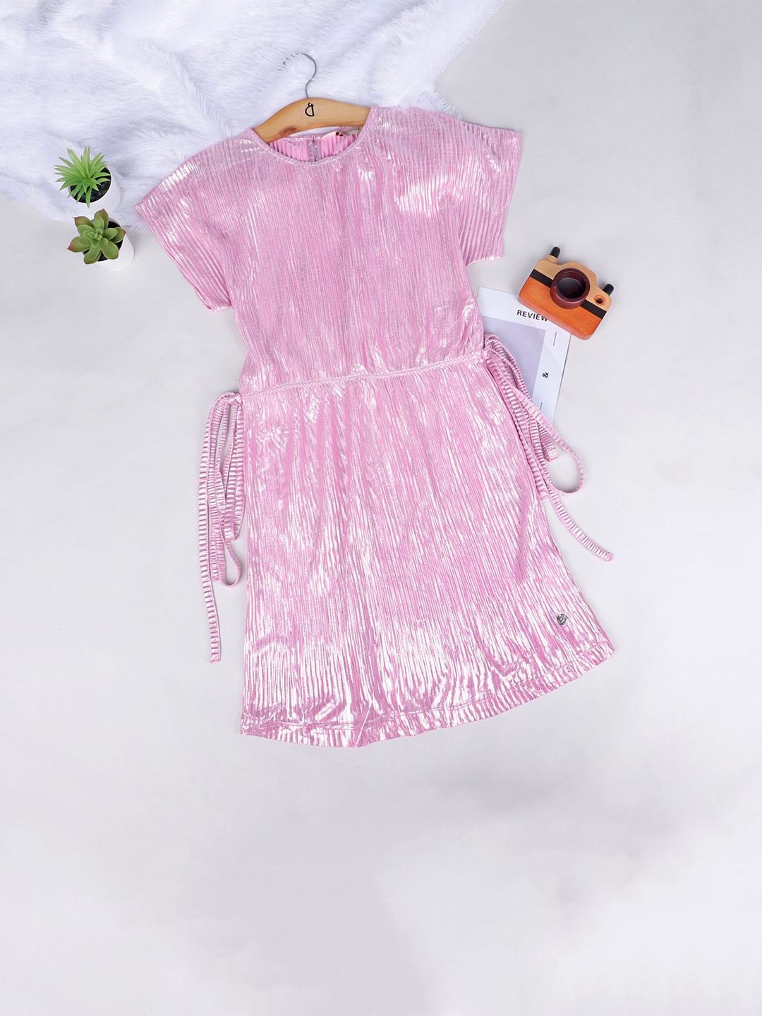 

Gini and Jony Girls Striped Tie Up Detailed Extended Sleeves A-Line Dress, Pink