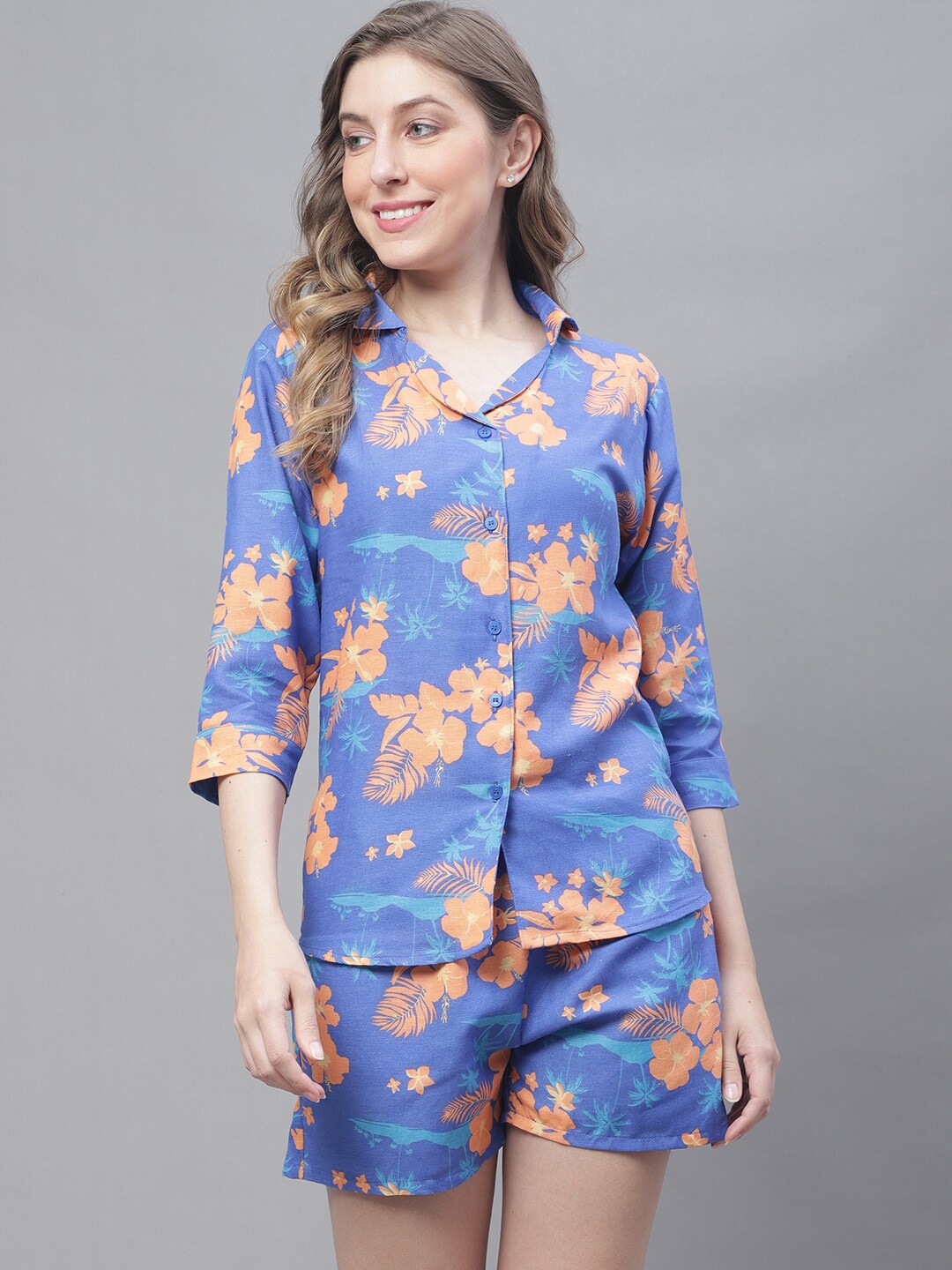 

TAG 7 Floral Printed Pure Cotton Night Suit, Blue