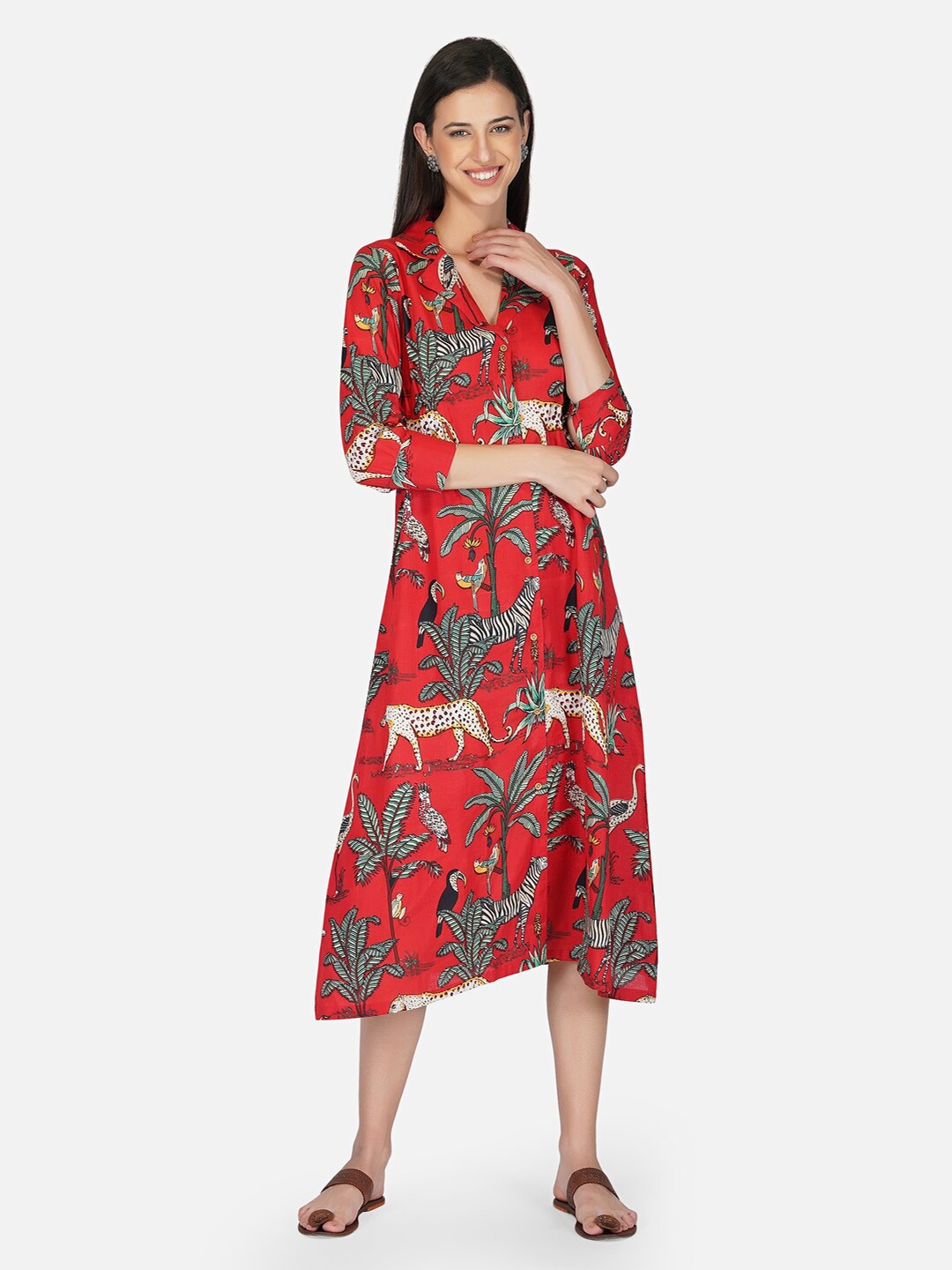 

KALINI Conversational Printed Pure Cotton A-Line Midi Dress, Red