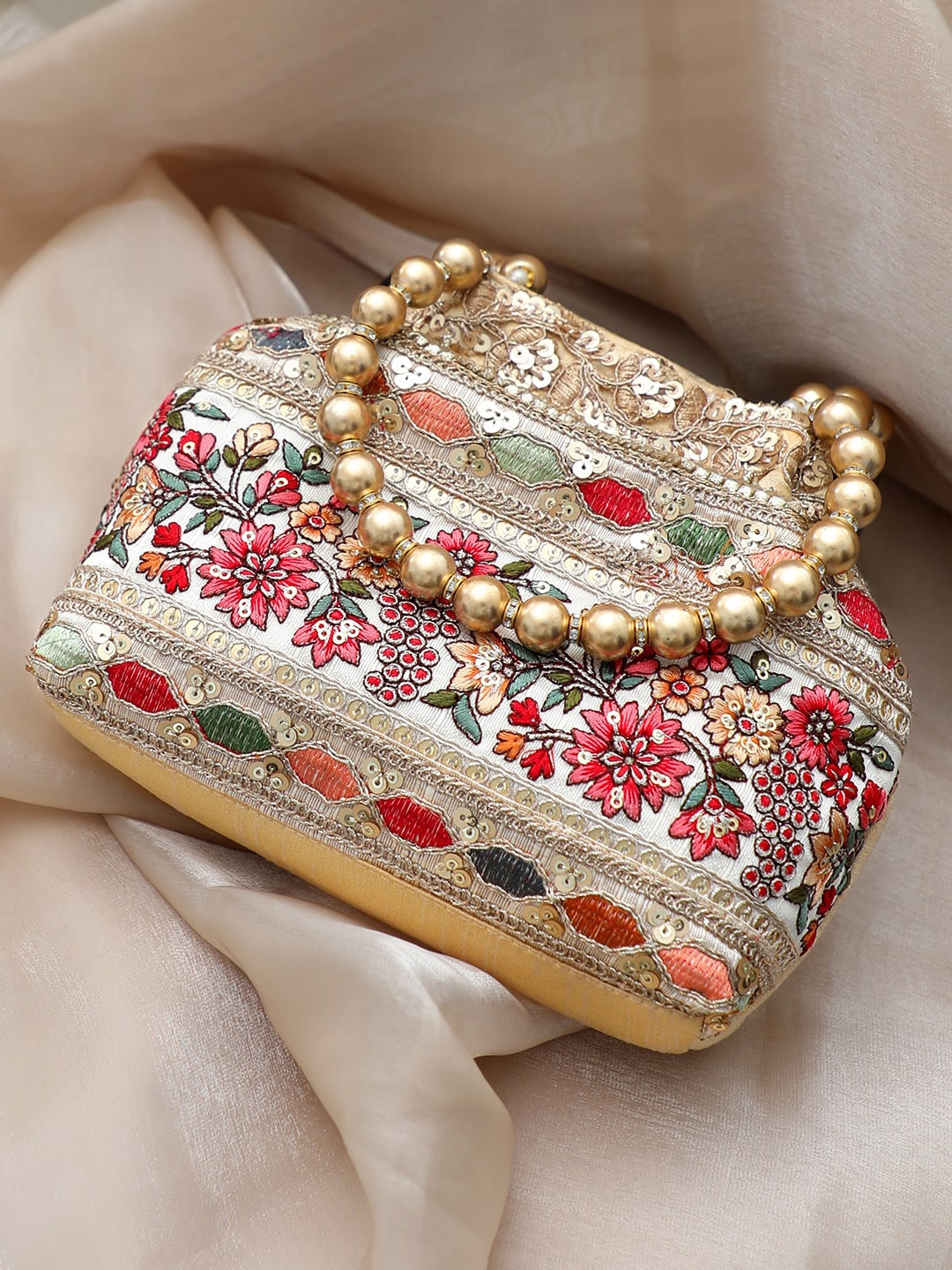 

Rubans Embroidered Sequined Potli Bag, Cream