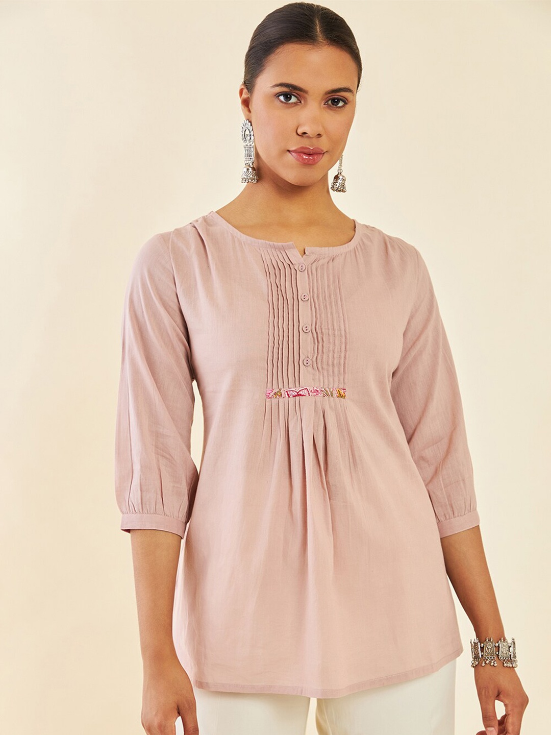 

Soch Beige Gathered Three-Quarter Sleeves Tunic