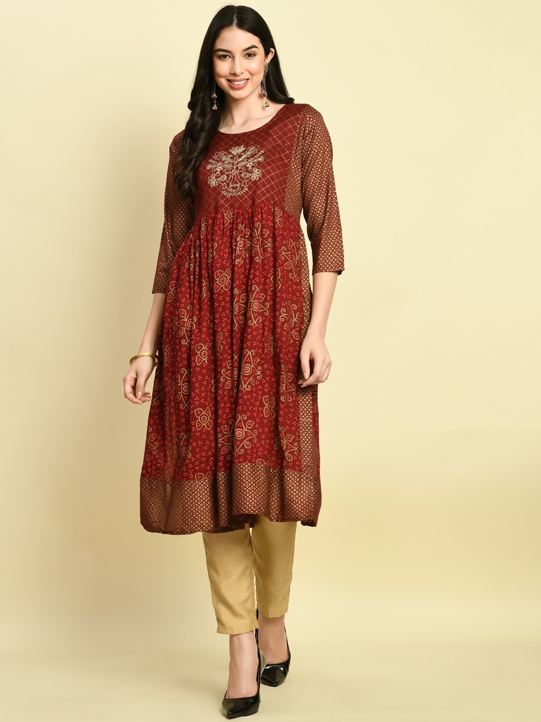 

KALINI Ethnic Motifs Printed Thread Work A-Line Kurta, Maroon