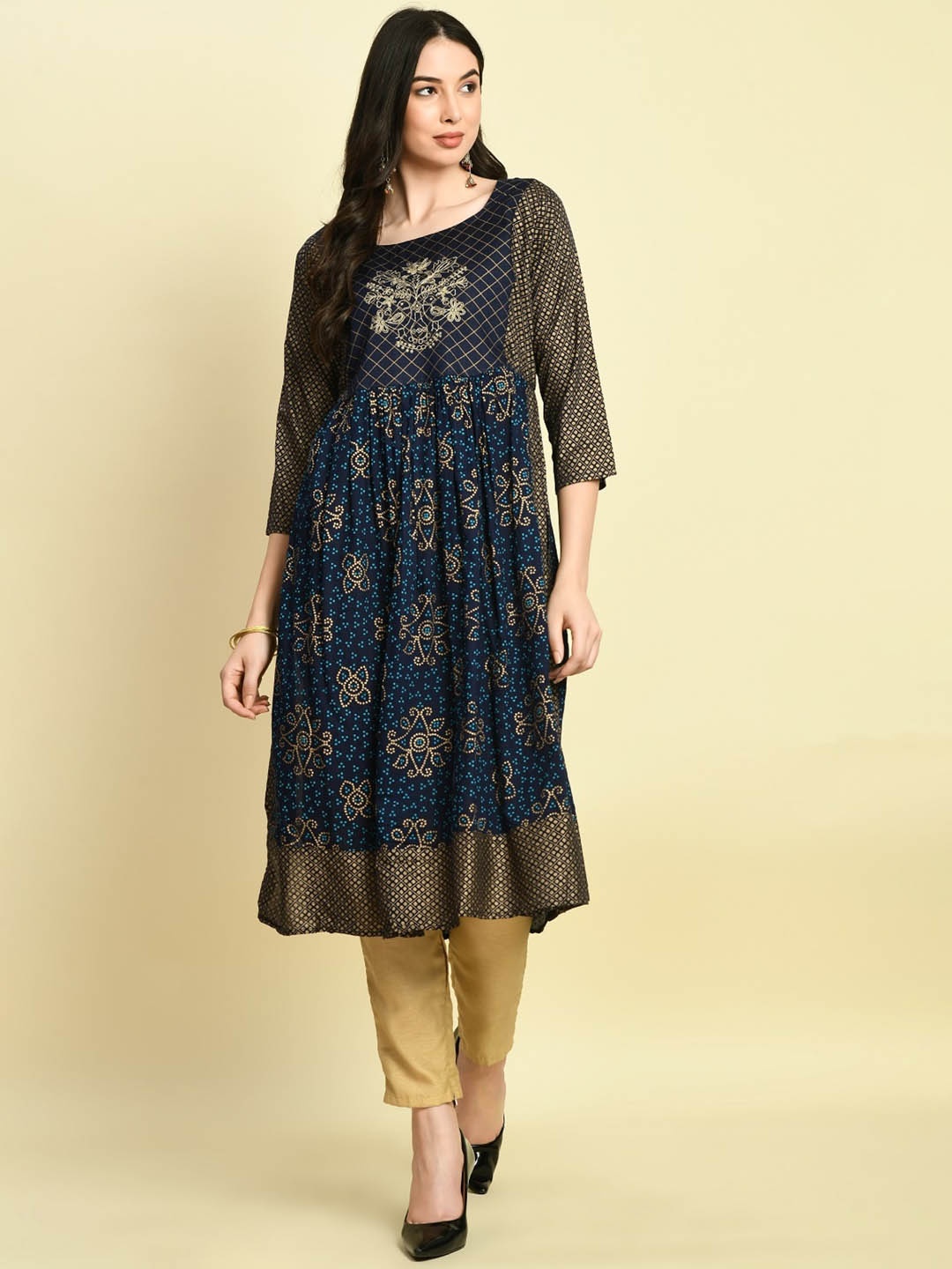 

KALINI Ethnic Motifs Printed Thread Work A-Line Kurta, Blue