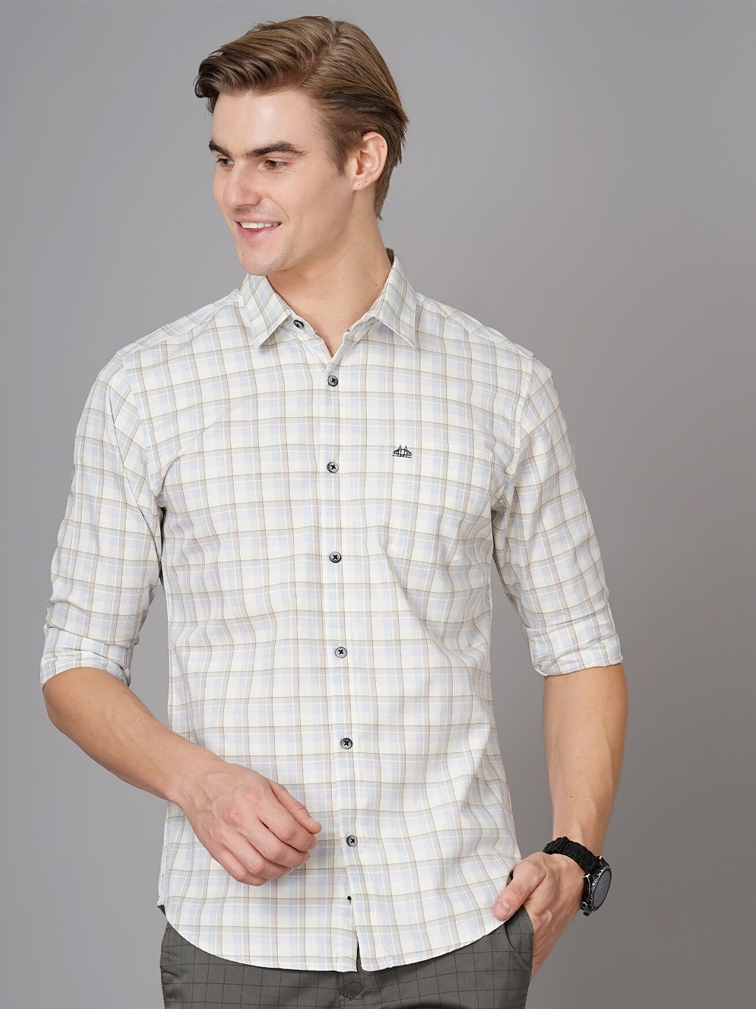 

British Club Smart Slim Fit Grid Tattersall Checked Cotton Casual Shirt, Cream
