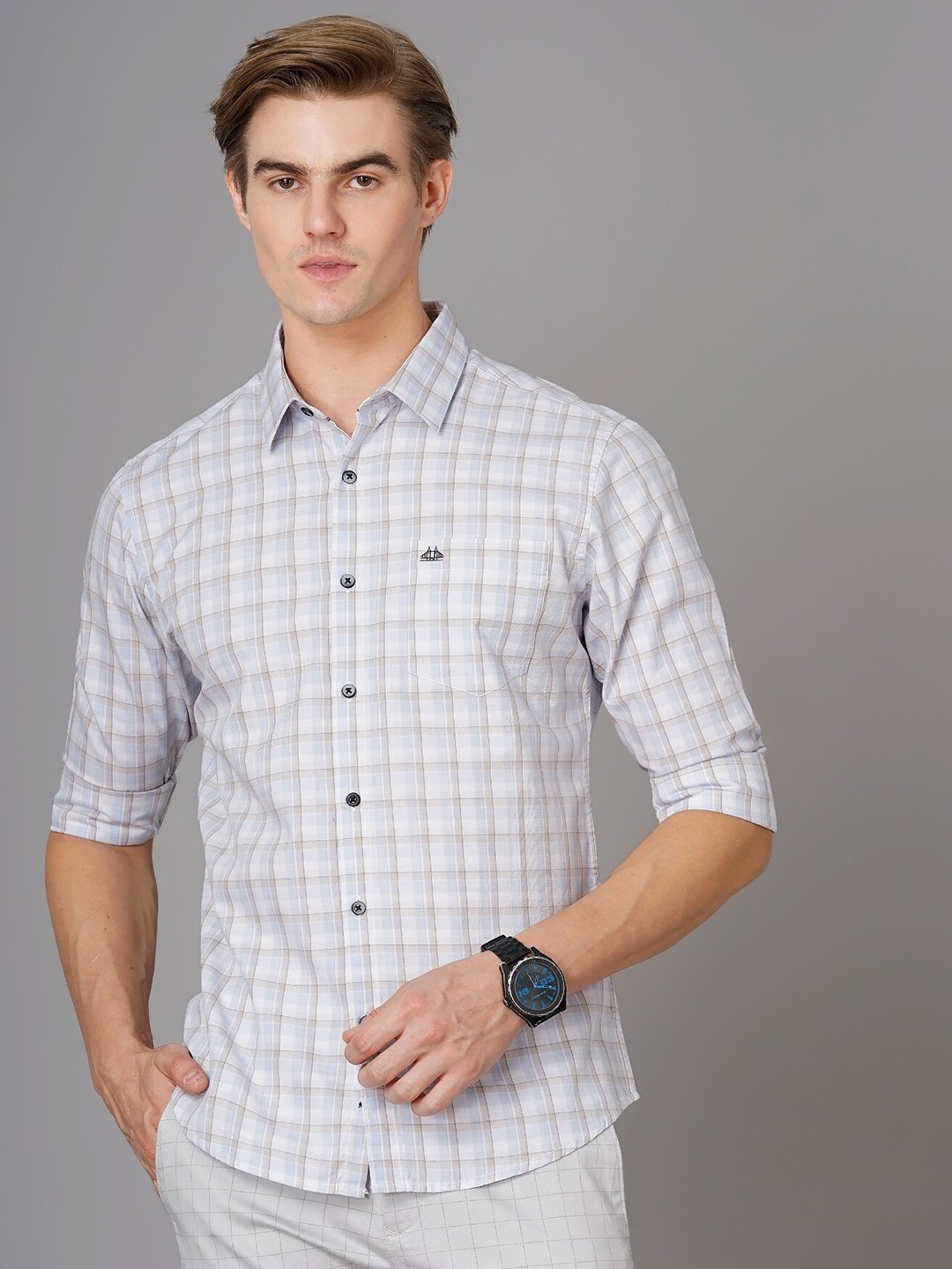 

British Club Smart Slim Fit Tartan Checks Opaque Pure Cotton Casual Shirt, Blue