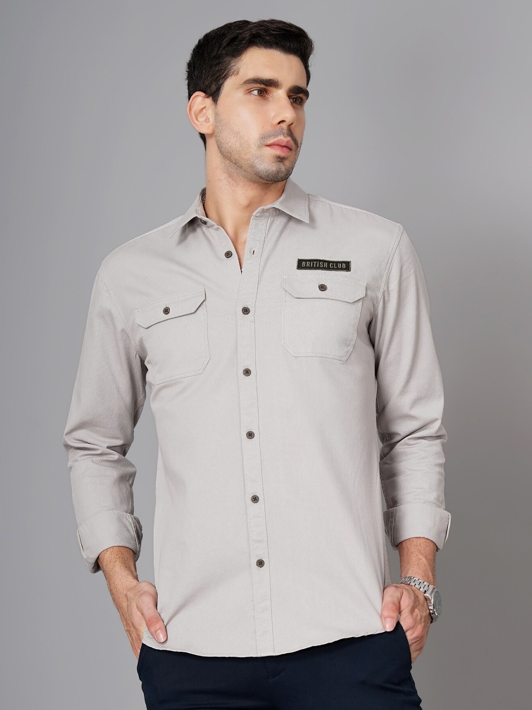 

British Club Smart Slim Fit Opaque Twill Pure Cotton Casual Shirt, Grey