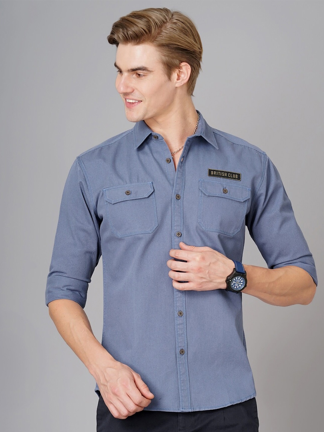 

British Club Smart Slim Fit Opaque Printed Twill Pure Cotton Casual Shirt, Blue