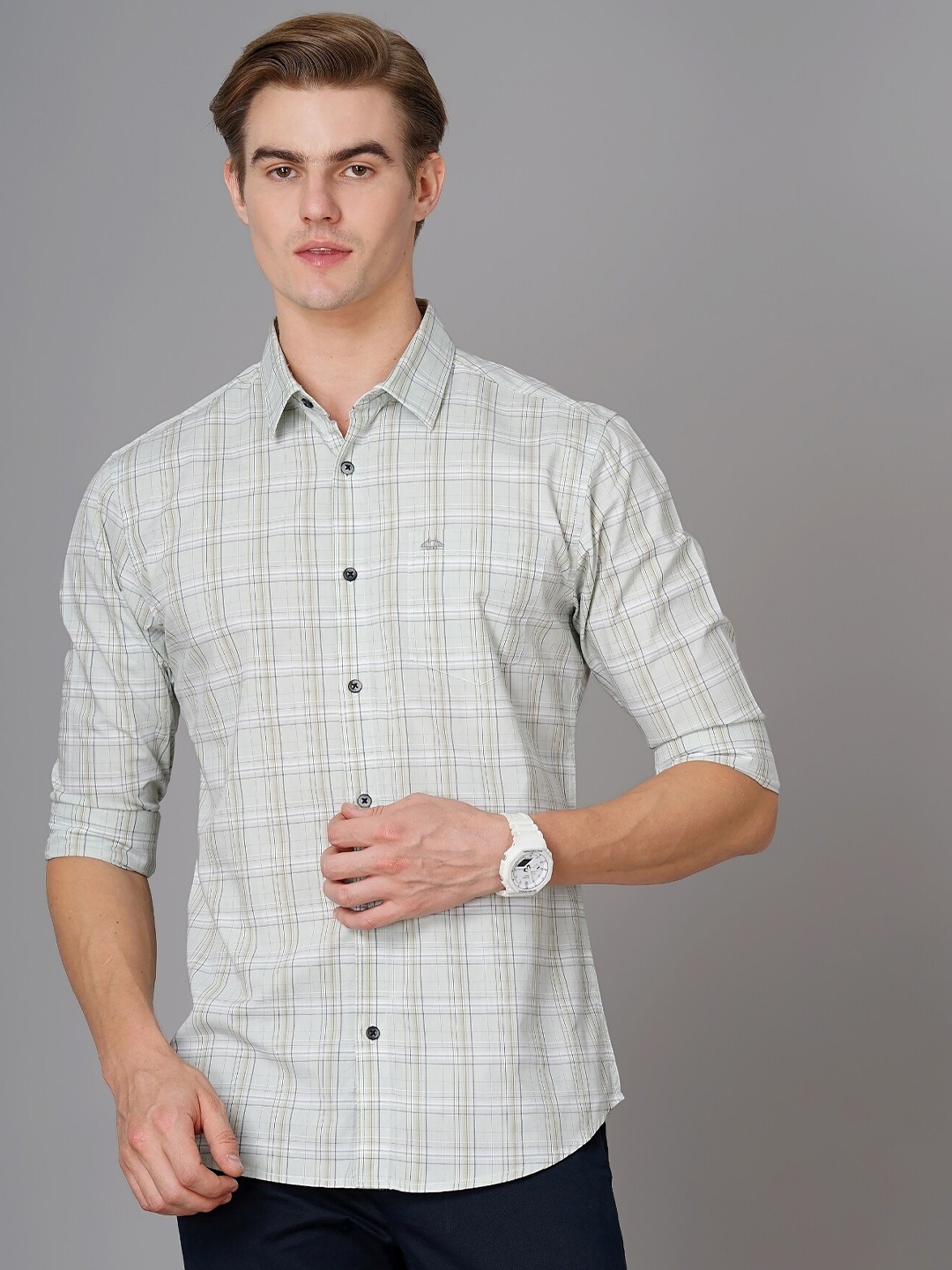 

British Club Smart Slim Fit Tartan Checks Opaque Pure Cotton Casual Shirt, Green