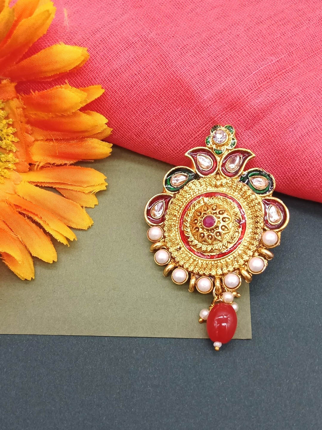 

AASHISH IMITATION Artificial Stone-Studded & Beaded Saree Pin, Gold