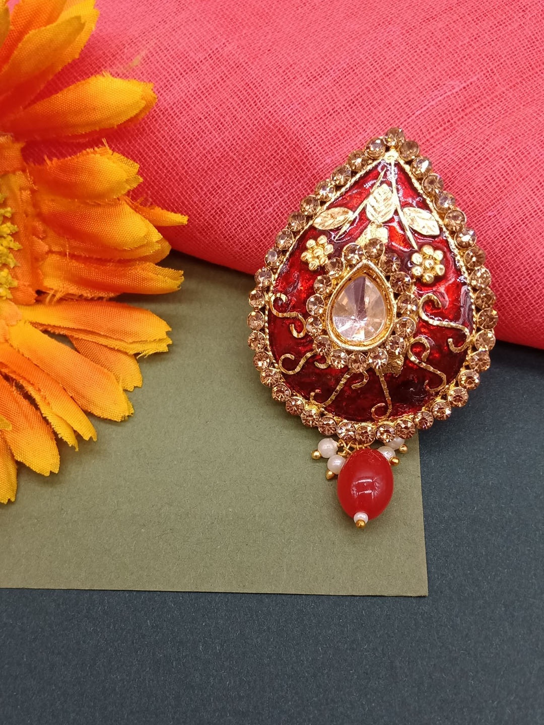 

AASHISH IMITATION Artificial Stone-Studded & Beaded Saree Pin, Gold
