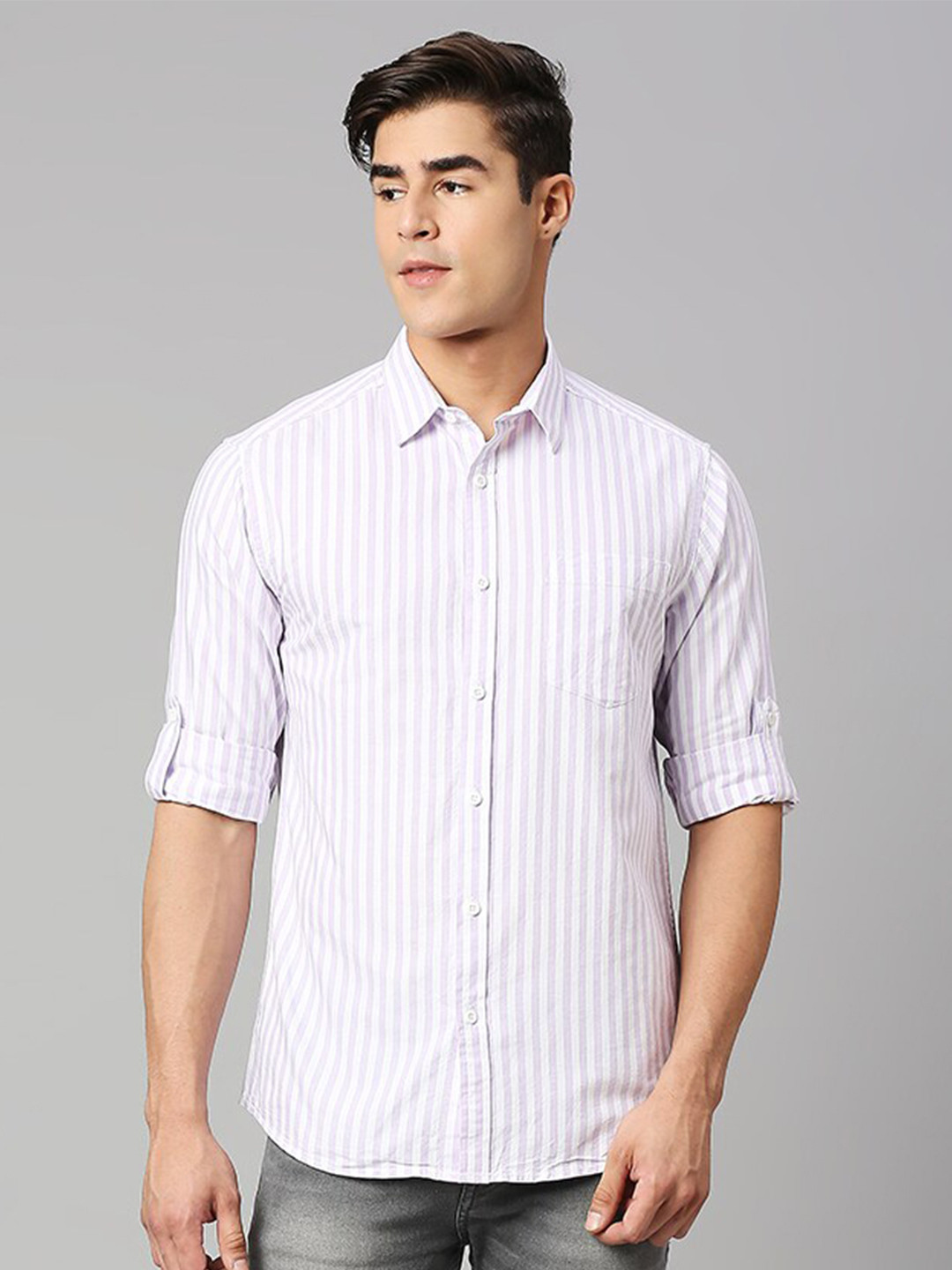 

HERE&NOW Lavender Classic Slim Fit Vertical Striped Pure Cotton Casual Shirt