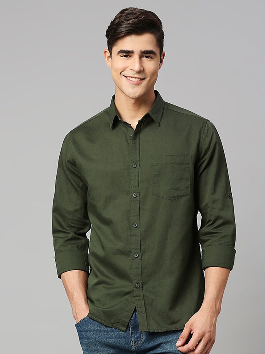 

HERE&NOW Olive Green Classic Slim Fit Linen Cotton Shirt