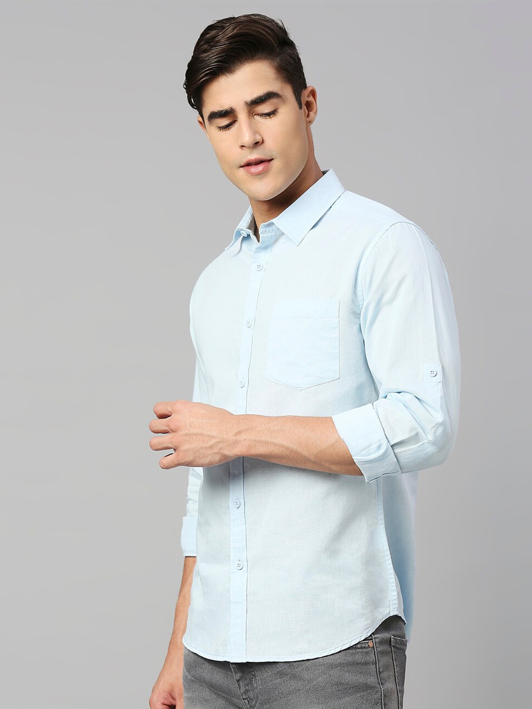 

HERE&NOW Blue Classic Slim Fit Linen Cotton Shirt