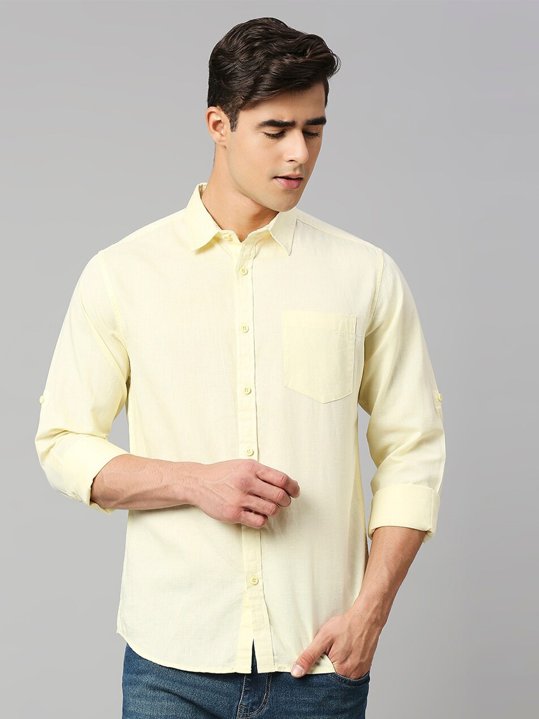 

HERE&NOW Men Yellow Classic Slim Fit Linen Cotton Shirt