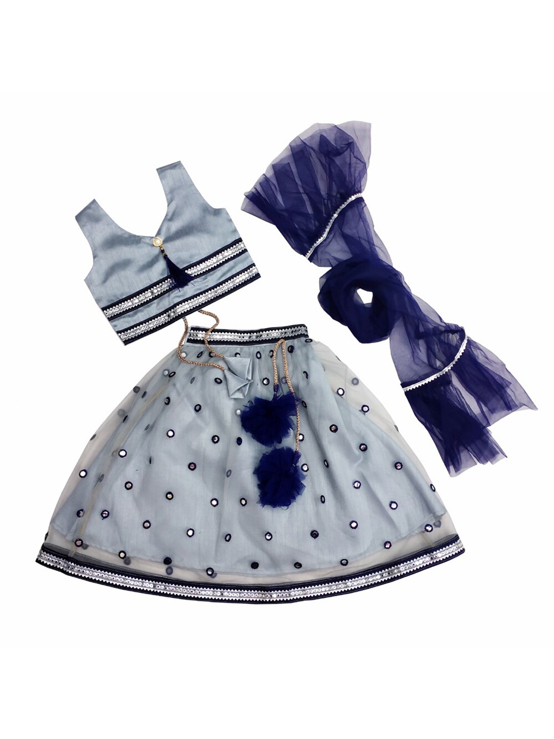 

BAESD Girls Embroidered Mirror Work Ready to Wear Lehenga & Blouse With Dupatta, Grey