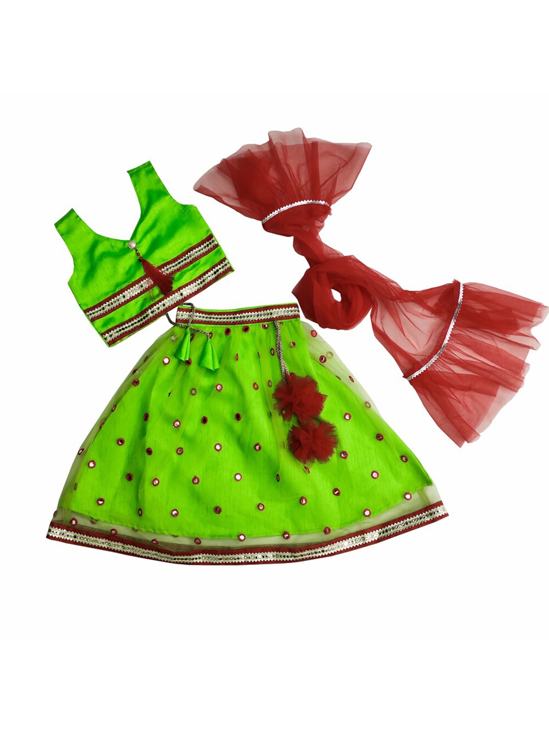 

BAESD Girls Embroidered Mirror Work Ready to Wear Lehenga & Blouse With Dupatta, Fluorescent green