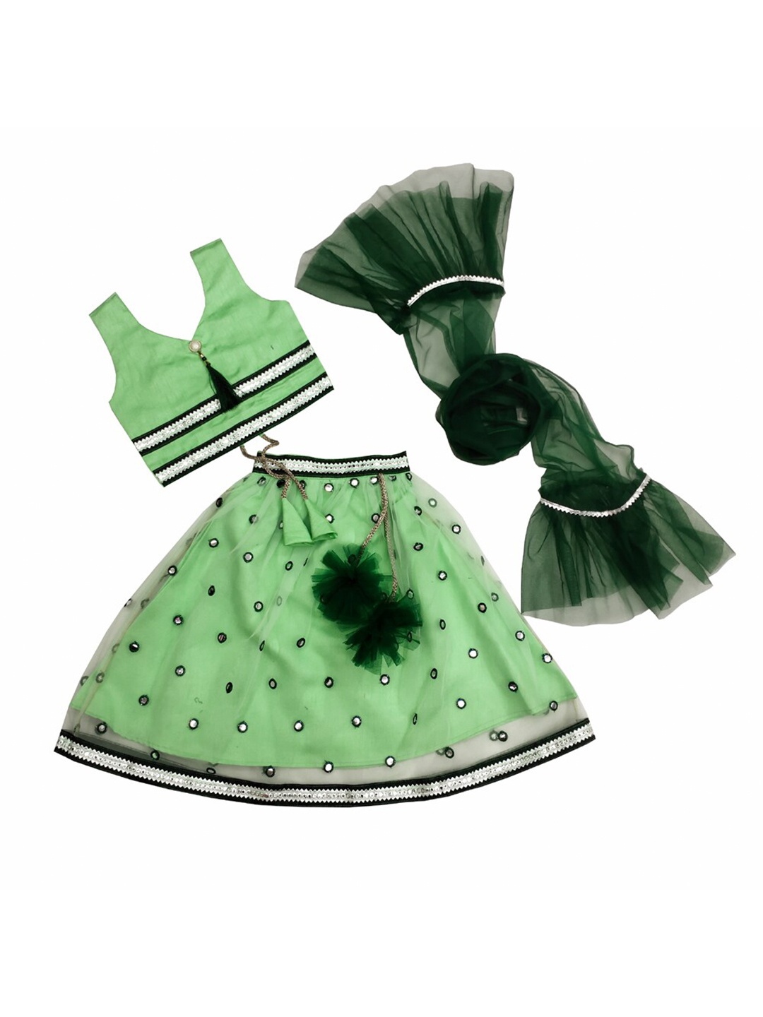 

BAESD Girls Embroidered Mirror Work Ready to Wear Lehenga & Blouse With Dupatta, Green